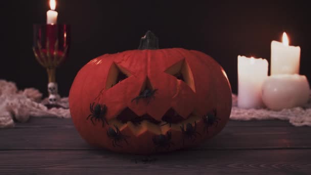 Halloween Pumpkin Burning Candles — Stock Video