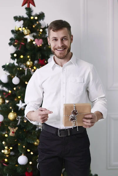 Portrait Man Pointing Gift — Stock Photo, Image