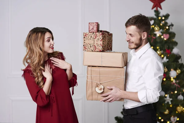Man Giving Stack Gifts Woman — Stock Photo, Image