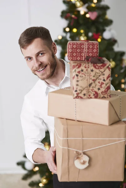Cheerful Man Holding Stack Gifts — Stock Photo, Image