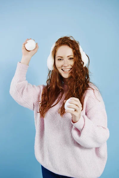 Portrait Happy Girl Throwing Snowball — Stock Photo, Image