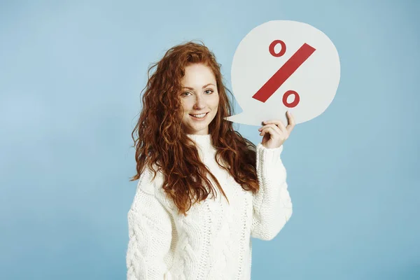 Smiling Girl Holding Discount Banner — Stock Photo, Image