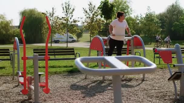 Vrouw Met Behulp Van Een Elliptische Trainer Openbaar Park — Stockvideo