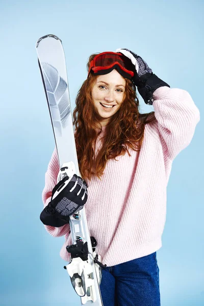 Portrait Smiling Girl Holding Her Skis — Stock Photo, Image