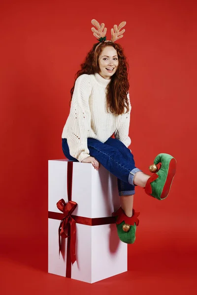 Portrait Girl Huge Christmas Present Studio Shot — Stock Photo, Image
