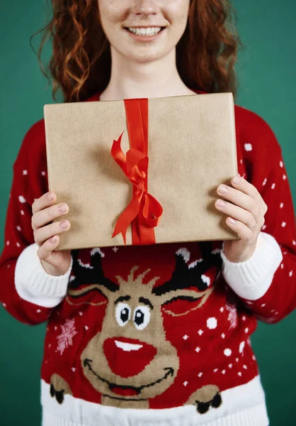 Close Woman Holding Christmas Present — Stock Photo, Image