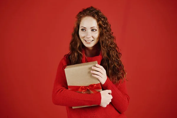 Smiling Girl Christmas Present Looking Copy Space — Stock Photo, Image