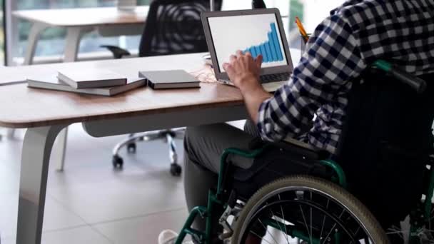 Чоловік Інвалідному Візку Використовуючи Ноутбук Офісі — стокове відео