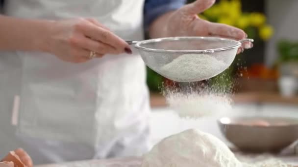 Woman Sifting Flour Kitchen — Stock Video