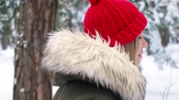 Vista Lateral Mujer Caminando Bosque Invierno — Vídeos de Stock