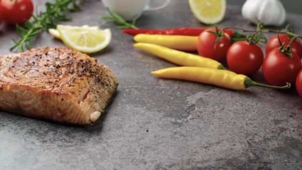 Fried Salmon Aromatic Herbs — Stock Video