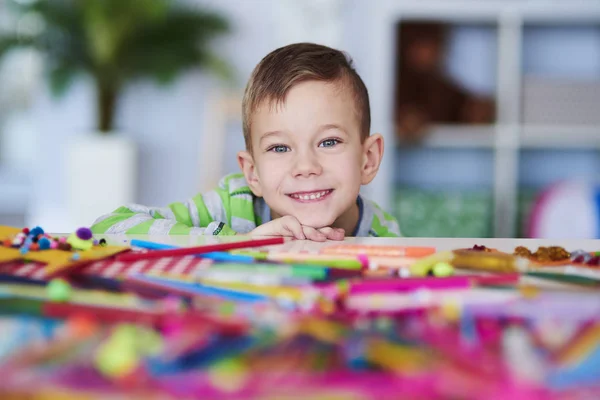 Portrait Enfant Âge Préscolaire Heureux Avec Grand Sourire Sur Son — Photo