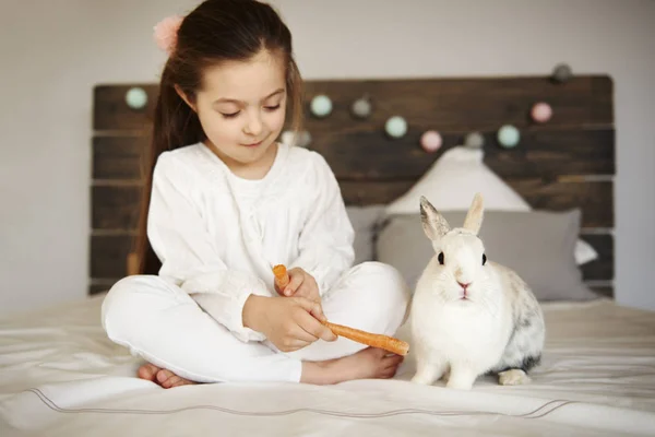 Meisje Haar Konijn Voeding Het Bed — Stockfoto