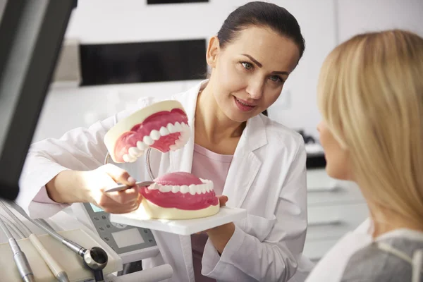 Dentist Zâmbitor Care Arată Pacientului Protezele Artificiale — Fotografie, imagine de stoc