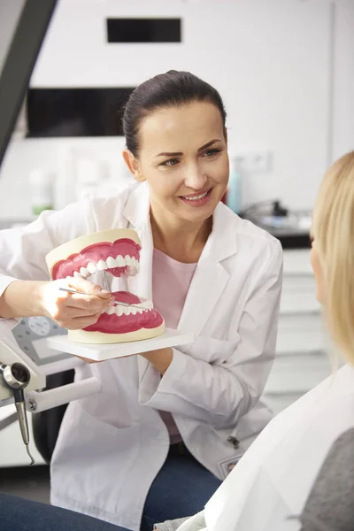 Odontóloga Sonriente Mostrando Paciente Las Dentaduras Artificiales — Foto de Stock