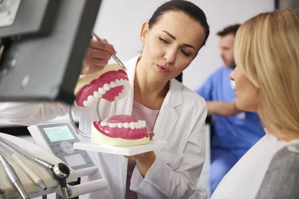 Dentist Tânără Femeie Care Fac Conversație Cabinetul Stomatologului — Fotografie, imagine de stoc