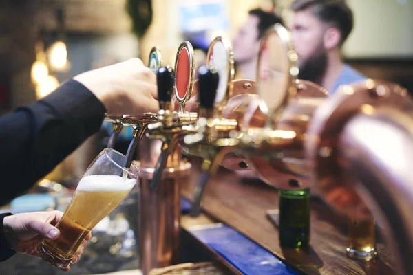 Bartender Hand Pouring Customer Mug Cold Beer — Stock Photo, Image