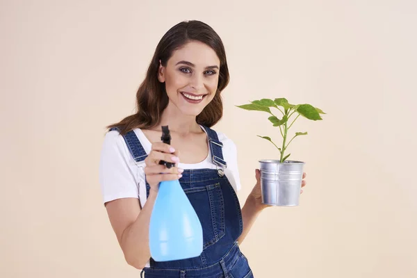 Kobieta Spryskująca Rośliny Sprayem Owady — Zdjęcie stockowe