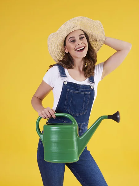 Portrait Female Gardener Watering Can Studio Shot — Stock Photo, Image