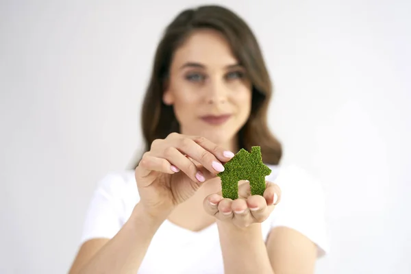 Woman Hand Holding Eco House Icon — 스톡 사진