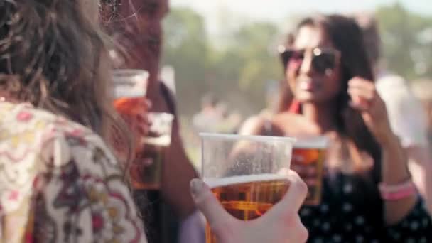 Gruppe Trinkt Bier Bei Musikfestival — Stockvideo