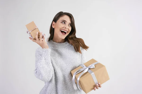 Happy Woman Holding Two Gifts Studio Shot — Stock Photo, Image