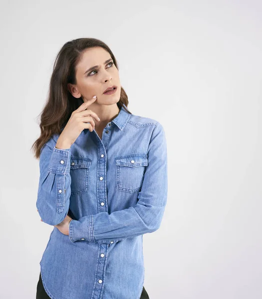 Woman Hand Chin Thinking Studio Shot — Stock Photo, Image