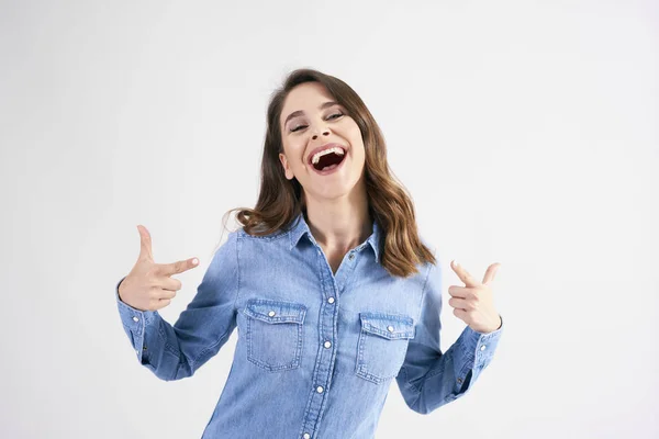 Happy Woman Pointing Fingers Herself — Stock Photo, Image