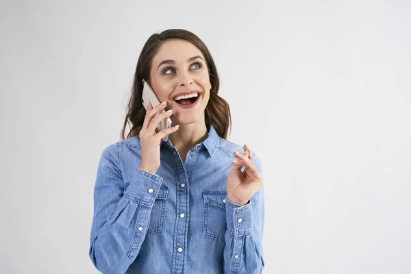 Happy Young Woman Using Mobile Phone Studio Shot — Stock Photo, Image