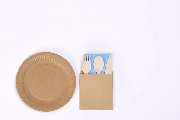 Eco Silverware Empty Plate White Background — Stock Photo, Image