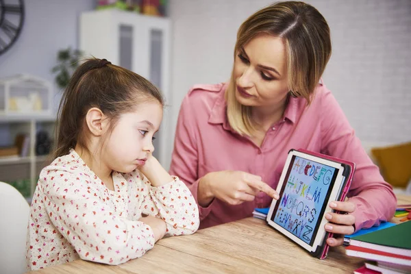 Gelangweiltes Mädchen Und Ihre Mutter Lernen Hause Mit Technik — Stockfoto