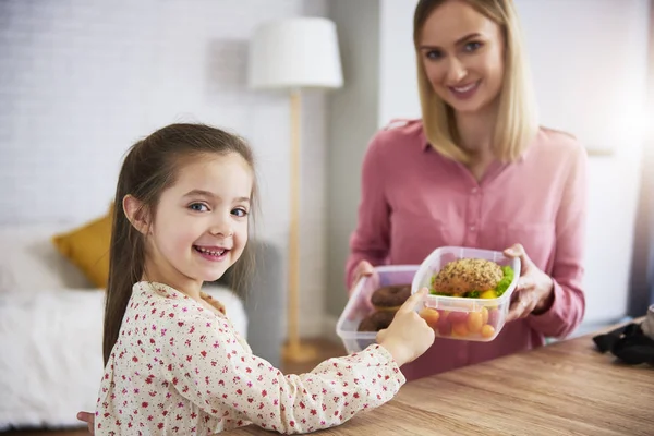 Happy Girl Choosing Healthy Sandwich Chocolate Donuts — Stock Photo, Image