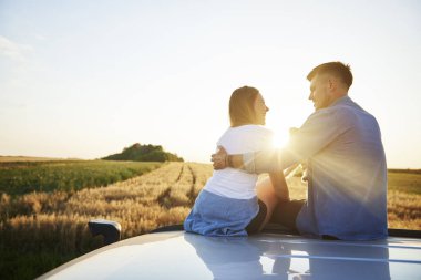 Yol gezisi sırasında bir mola yakalayan sevgi dolu çiftin arka görünümü 