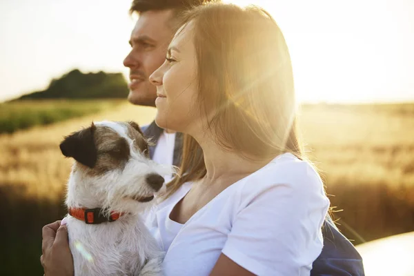 年轻夫妇和狗享受视图的侧视图 — 图库照片