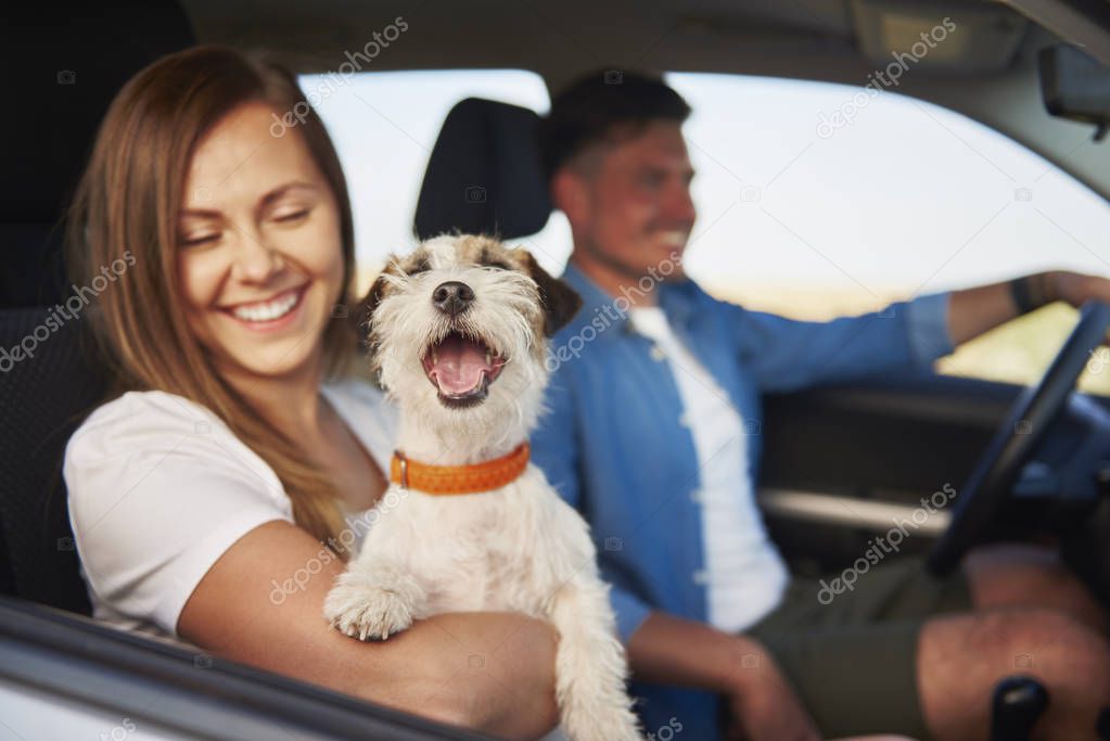 Young couple and their dog traveling together 