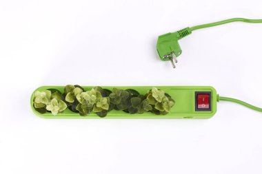 Beyaz arka plan üzerinde bitkiler ile elektrik soketi