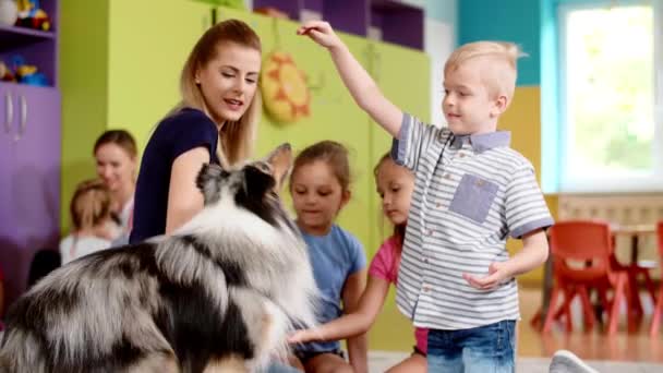 Παιδιά Που Παίζουν Σκυλί Κατά Διάρκεια Της Θεραπείας Στο Νηπιαγωγείο — Αρχείο Βίντεο