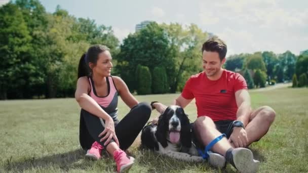 情侣和狗在新鲜空气上锻炼后休息 — 图库视频影像