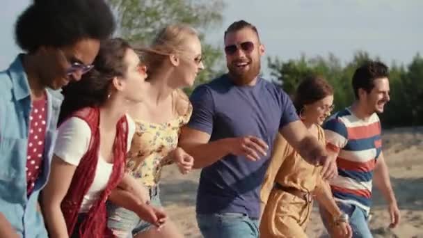 Gruppe Von Freunden Auf Dem Weg Zum Strand — Stockvideo