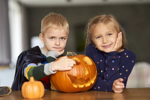 Portrait Charming Little Boy Girl Halloween Pumpkin — Stock Photo, Image