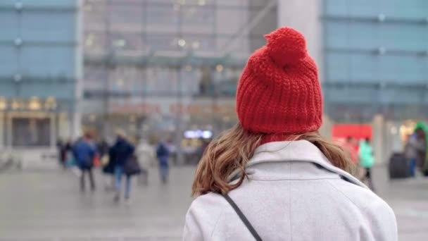 街中にショッピングバッグを持つ女性のリアビュー — ストック動画