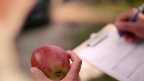 Primer Plano Mano Del Hombre Sosteniendo Una Manzana — Vídeo de stock