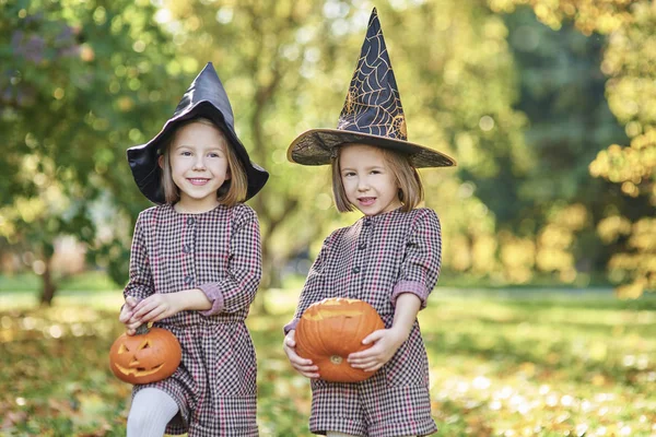 Urocze Dzieci Stroju Czarownicy Gospodarstwa Halloween Dynie — Zdjęcie stockowe