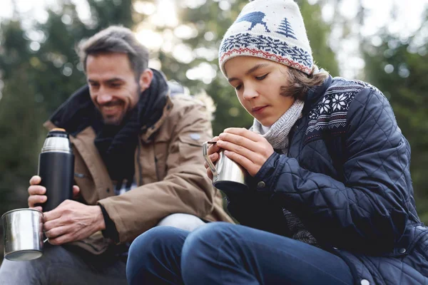 Teenage Boy Drinking Hot Tea Autumn Forest — Stock Photo, Image