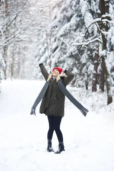 Joyful Woman Dancing Winter Forest — Stock Photo, Image