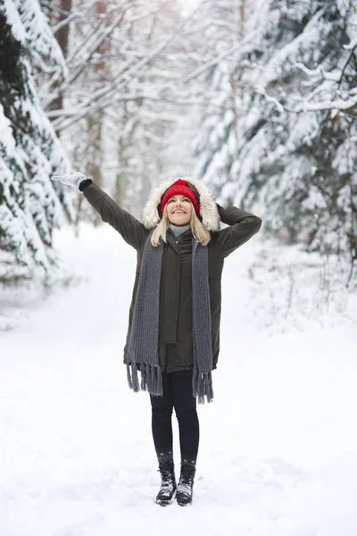 Mulher Alegre Tempo Inverno — Fotografia de Stock