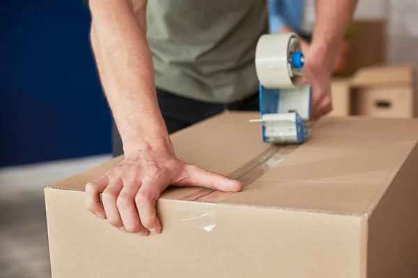 Detail Packing Cardboard Boxes While Moving House — Stock Photo, Image