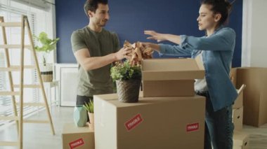 Evi taşırken kutulara bir şeyler paketleyen çiftlerin videosu. 8K 'da kırmızı helyum kamerayla çekildi.
