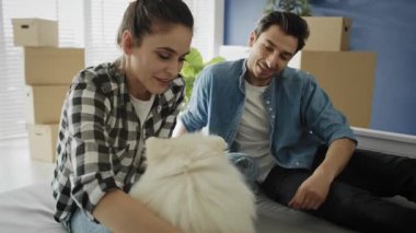 Yeni evde köpekle oynayan çiftin videosu. 8K 'da kırmızı helyum kamerayla çekildi.