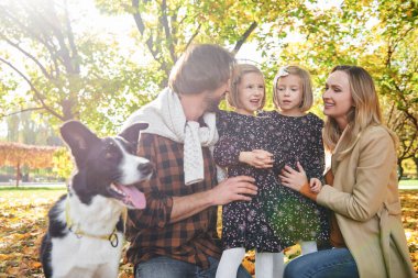 Ailesi ve köpekleri ormanda. 